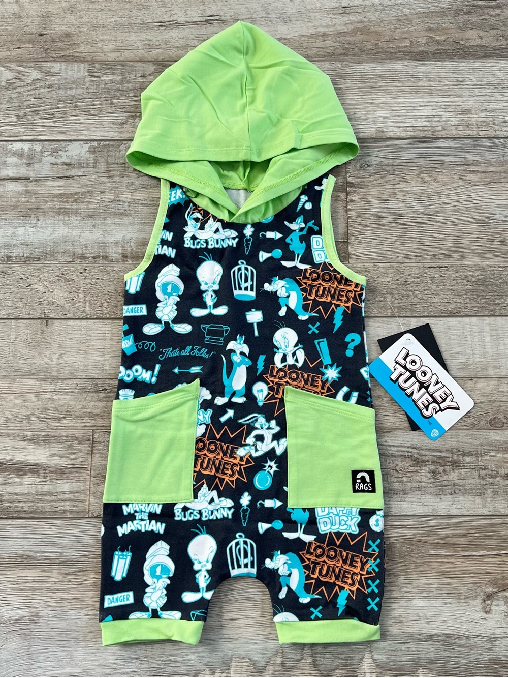 NWT Rags X Looney Tunes Hooded Hip Pocket Tank Short Romper Size 6-12 Months